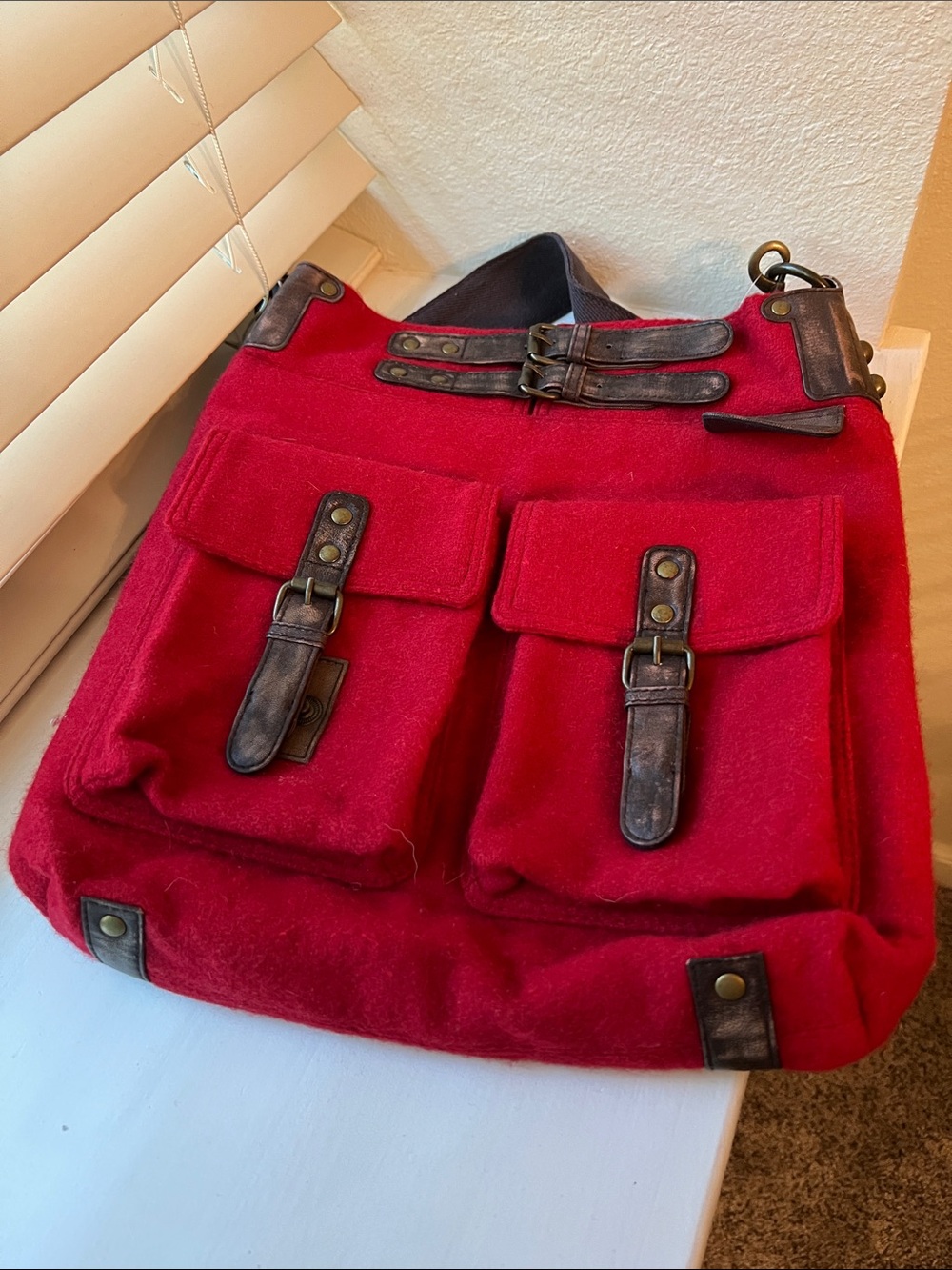 Sundance Red Wool Messenger Bag with Dark Brown Leather Accents